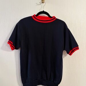 Vintage Crew Neck Short Sleeve Sweater in Navy with Red Trim
